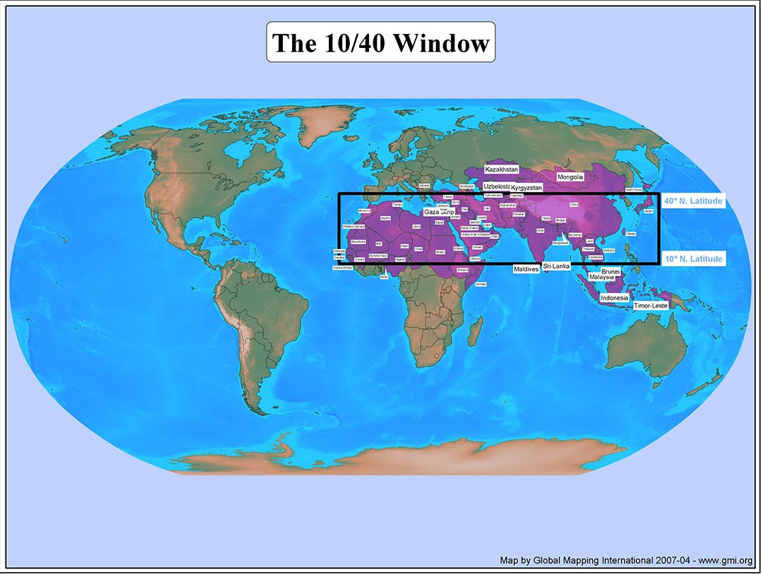 World map, with area known as the 10/40 Window highlighted